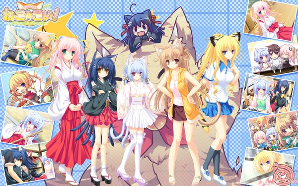 Anime picture 1920x1200 with neko koi! whirlpool (studio) ryuudou misaki kiryuu hina toono sayaka koshimizu rei kiryuu sakuya mikagami mamizu highres blue eyes blonde hair red eyes wide image green eyes yellow eyes blue hair pink hair game cg cat girl chibi