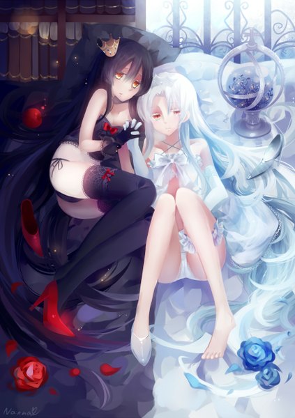 Anime picture 1748x2480 with original filiananna tall image looking at viewer highres light erotic red eyes bare shoulders multiple girls barefoot holding hands cameltoe knees touching girl thighhighs underwear panties flower (flowers) ribbon (ribbons) black thighhighs