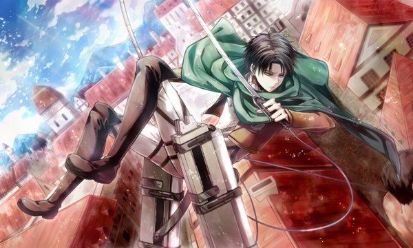 Anime picture 1400x840 with shingeki no kyojin production i.g levi (rivaille) angel31424 short hair blue eyes black hair wide image holding sky cloud (clouds) cityscape scenic dual wielding boy weapon sword jacket boots building (buildings)