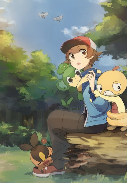 Anime picture 1500x2150 with pokemon pokemon black and white nintendo hilbert (pokemon) tepig scraggy pansage pidove linaria (ookinahitomi) tall image short hair open mouth brown hair sitting brown eyes looking away sky cloud (clouds) sleeping gen 5 pokemon