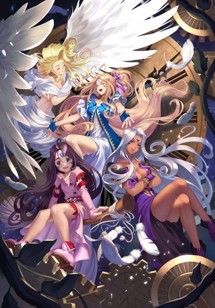 イラスト 2800x4000 と ああっ女神さまっ anime international company ベルダンディー urd skuld holy bell 神霄光烨 長身像 highres 青い目 黒髪 金髪 茶色の髪 multiple girls 茶目 white hair eyes closed very long hair 足を組む facial mark