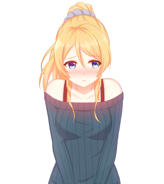 Anime picture 1535x1721 with love live! school idol project sunrise (studio) love live! ayase eli mikhail n single long hair tall image blush blue eyes blonde hair simple background white background bare shoulders looking away ponytail :t girl sweater dress