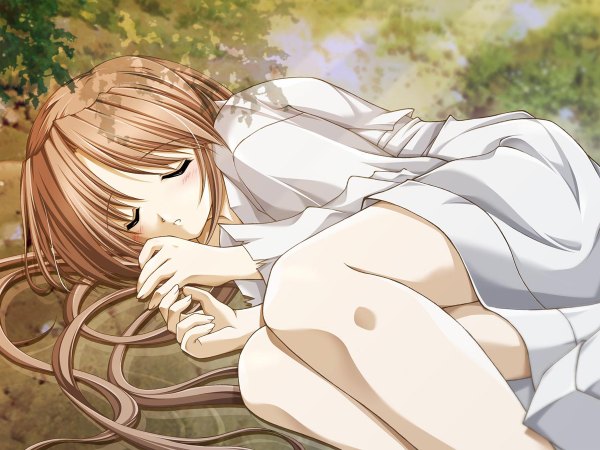 Anime picture 1200x900 with original kimizuka aoi single long hair blush brown hair lying eyes closed sunlight sleeping girl
