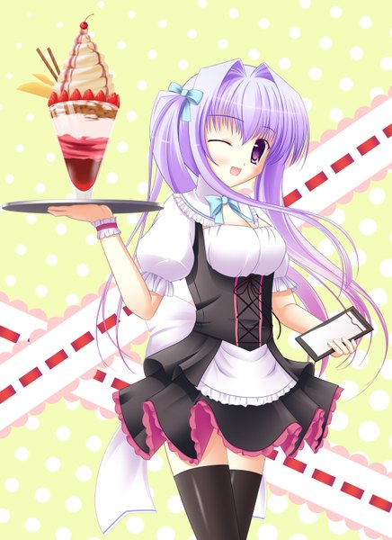 Anime picture 1200x1651 with psyche3313 long hair tall image blush open mouth purple eyes purple hair one eye closed wink maid girl thighhighs bow black thighhighs hair bow food sweets ice cream berry (berries) cherry
