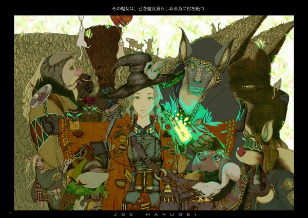 Anime picture 2207x1560 with original mr.out brain (pixiv) highres green eyes animal ears grey hair glowing group smoking gloves hat earrings animal glasses belt hood insect butterfly cat toy