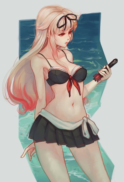 Anime picture 1280x1883 with kantai collection yuudachi destroyer saimon ma single long hair tall image fringe breasts light erotic blonde hair red eyes standing looking away blunt bangs multicolored hair gradient hair arm behind back remodel (kantai collection) girl navel