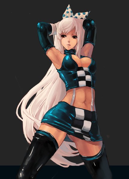 Anime picture 2458x3404 with dungeon and fighter qbspdl single tall image highres breasts light erotic red eyes bare shoulders cleavage white hair very long hair lips arms up armpit (armpits) dark background arms behind head girl thighhighs skirt