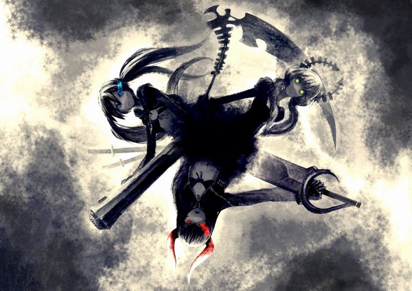 Anime picture 3000x2121 with black rock shooter black rock shooter (character) dead master black gold saw long hair highres blue eyes black hair red eyes twintails green eyes absurdres horn (horns) glowing glowing eye (eyes) gloves weapon swimsuit sword bikini top