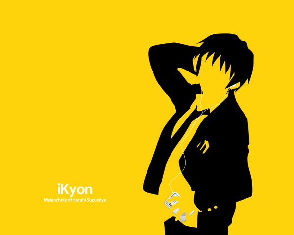 Anime picture 1280x1024 with suzumiya haruhi no yuutsu kyoto animation ipod kyon yellow background silhouette parody boy