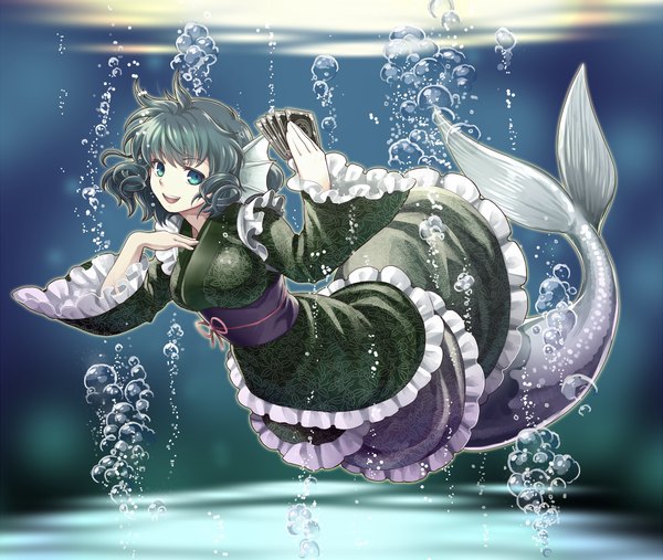 Anime picture 1000x846 with touhou wakasagihime socha single looking at viewer short hair blue eyes blue hair traditional clothes japanese clothes underwater swimming girl water kimono obi bubble (bubbles) card (cards) mermaid fin (fins)