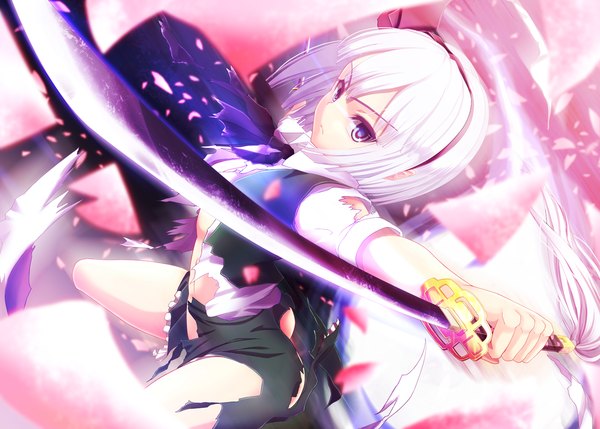 Anime picture 1200x859 with touhou konpaku youmu windfeathers single short hair blue eyes white hair torn clothes girl dress weapon petals sword hairband katana