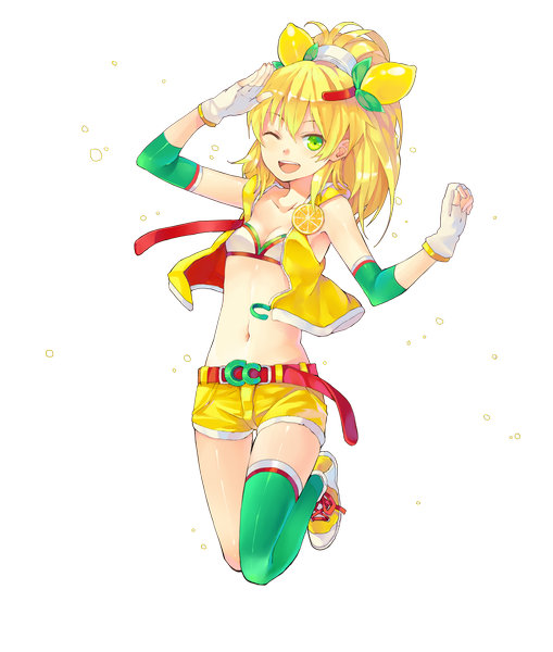 Anime picture 1515x1785 with original c.c. lemon c.c. lemon (character) hao (patinnko) single long hair tall image open mouth blonde hair green eyes full body ponytail one eye closed wink bare belly transparent background jumping salute girl thighhighs