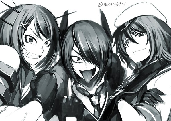 Anime picture 1052x744 with kantai collection tenryuu light cruiser maya heavy cruiser kiso light cruiser hetza (hellshock) looking at viewer fringe short hair simple background smile white background multiple girls signed upper body hair over one eye teeth grin monochrome crossed arms muscle
