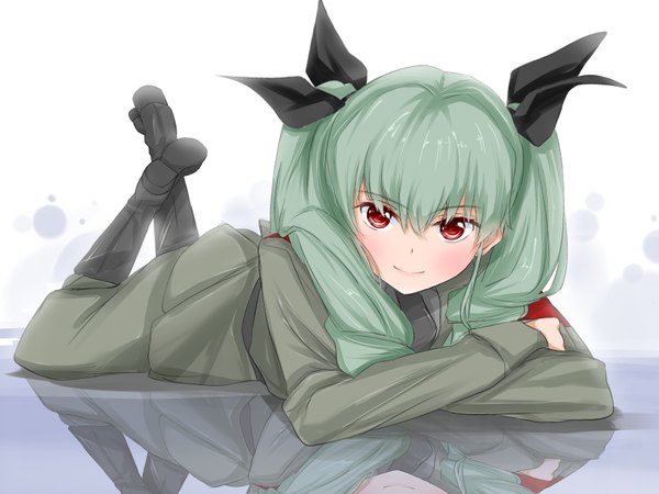 Anime picture 1600x1200 with girls und panzer anchovy (girls und panzer) anzai chiyomi suto (iamsuto) single long hair looking at viewer red eyes twintails green hair girl uniform military uniform