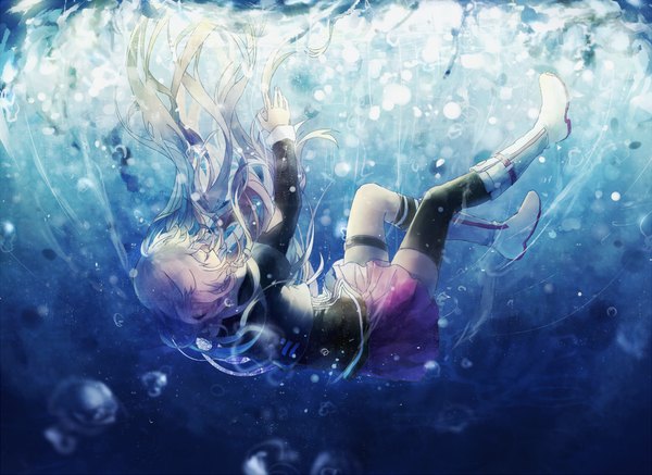 Anime picture 1234x900 with vocaloid ia (vocaloid) domik single long hair bent knee (knees) white hair braid (braids) eyes closed pleated skirt twin braids underwater girl thighhighs skirt black thighhighs water socks boots black socks