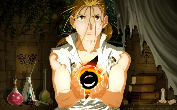 Anime picture 2560x1600 with fullmetal alchemist brotherhood van hohenheim cilou (artist) single long hair highres blonde hair smile red eyes wide image holding brown eyes yellow eyes ponytail homunculus boy book (books) curtains candle (candles) room