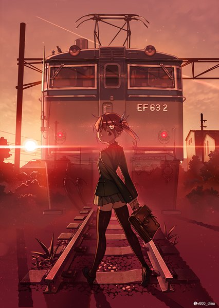 Anime picture 805x1134 with rail wars! original sakurai aoi vania600 single long hair tall image looking at viewer smile brown hair holding brown eyes signed sky pleated skirt sunlight shadow zettai ryouiki side ponytail evening