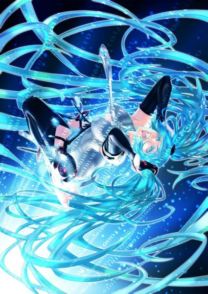 Anime picture 1075x1519 with vocaloid vocaloid append hatsune miku hatsune miku (append) nuruhachi long hair tall image open mouth twintails very long hair aqua eyes aqua hair girl thighhighs gloves necktie elbow gloves