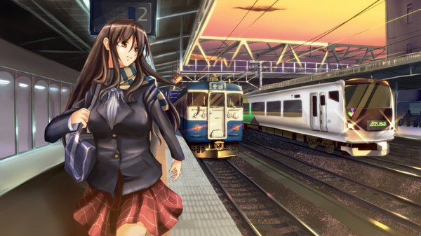 Anime picture 1920x1080 with original amgetd (artist) long hair highres black hair wide image brown eyes girl skirt uniform school uniform miniskirt scarf school bag train train station