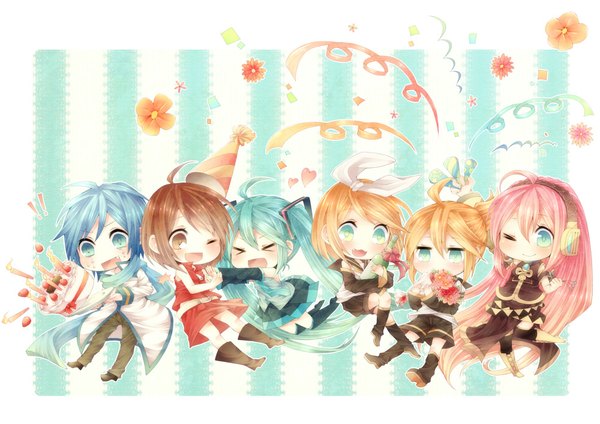 Anime picture 1000x707 with vocaloid hatsune miku megurine luka kagamine rin kagamine len kaito (vocaloid) meiko niwako long hair blush short hair open mouth blonde hair brown hair multiple girls brown eyes blue hair pink hair eyes closed one eye closed