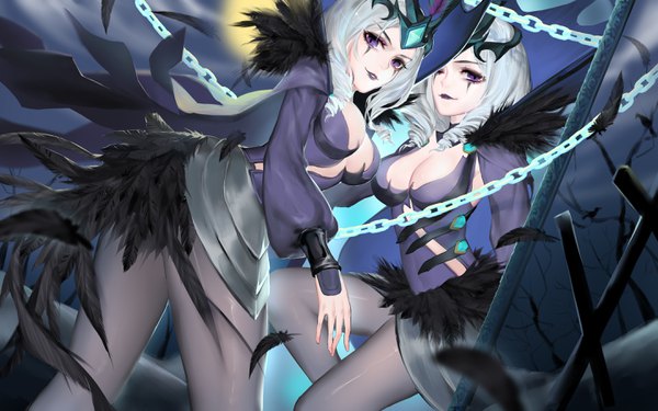 イラスト 2880x1800 と league of legends emilia leblanc ravenborn leblanc qidai 長髪 カメラ目線 highres おっぱい light erotic 大きな乳房 紫目 multiple girls cleavage 銀髪 lipstick 縦ロール 女の子 2人女子 パンスト チェーン