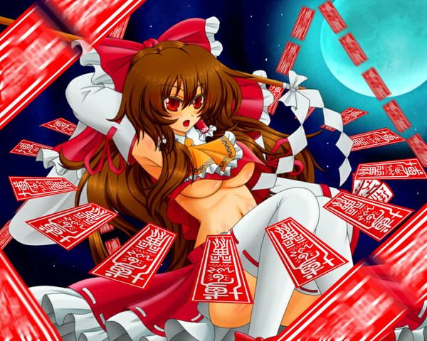 Anime picture 1050x840 with touhou hakurei reimu iyuuki (artist) long hair breasts open mouth light erotic red eyes brown hair miko girl thighhighs skirt bow hair bow white thighhighs skirt set