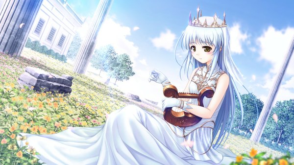 Anime picture 1280x720 with aiyoku no eustia saint irene single long hair wide image yellow eyes blue hair game cg girl dress white dress