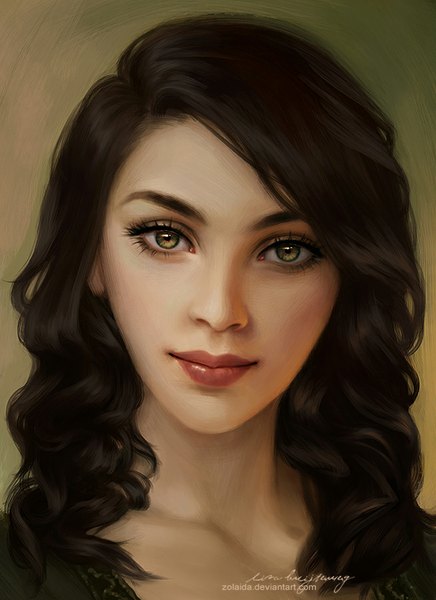 Anime picture 654x900 with zolaida (artist) single long hair tall image looking at viewer black hair green eyes lips realistic face girl