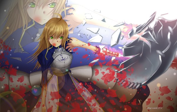 Anime picture 2000x1269 with fate (series) fate/zero type-moon artoria pendragon (all) saber tagme (artist) single long hair fringe highres blonde hair green eyes torn clothes girl dress petals armor armored dress