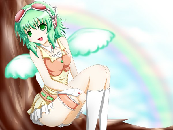Anime picture 1024x768 with vocaloid gumi ion (artist) single short hair open mouth light erotic sitting green eyes looking away green hair sleeveless goggles on head tree sitting girl skirt miniskirt wings headphones wrist cuffs