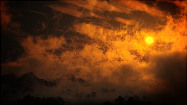 Anime picture 1780x1000 with original y-k highres wide image sky cloud (clouds) mountain no people landscape fog sun
