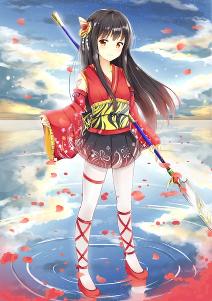 Anime picture 1131x1600 with original konka single long hair tall image looking at viewer black hair red eyes sky cloud (clouds) full body traditional clothes japanese clothes girl hair ornament weapon detached sleeves petals kimono obi