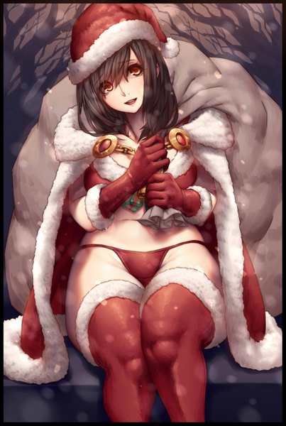 Anime picture 2050x3050 with original yin-ting tian single long hair tall image looking at viewer highres open mouth light erotic black hair sitting brown eyes fur trim christmas girl thighhighs gloves swimsuit hat bikini