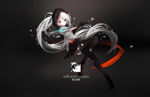Anime picture 4287x2777 with original pixiv fantasia pixiv fantasia revenge of the darkness veronica (rotd) storia1862 single looking at viewer highres blue eyes holding absurdres bent knee (knees) white hair ponytail very long hair pleated skirt expressionless girl thighhighs skirt