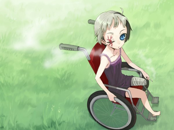 Anime picture 1024x768 with original bikko yoshida on single short hair blue eyes light erotic from above wallpaper scar amputee girl bandage (bandages) cigarette wheelchair