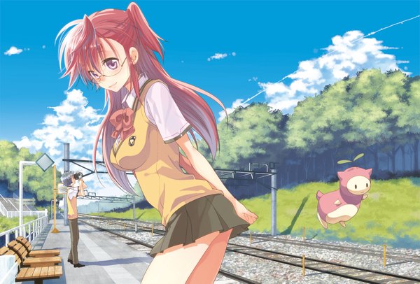 Anime picture 2000x1355 with ano natsu de matteru j.c. staff rinon (ano natsu de matteru) tachibana ichika kirishima kaito doku ta pepperko long hair looking at viewer fringe highres short hair purple eyes holding blue hair pink hair sky cloud (clouds) profile light smile girl