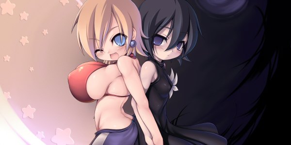 Anime picture 1200x600 with pop'n music kagome (pop'n music) judy (pop'n music) blush short hair breasts open mouth blue eyes light erotic black hair blonde hair wide image bare shoulders multiple girls one eye closed wink holding hands girl dress flower (flowers)