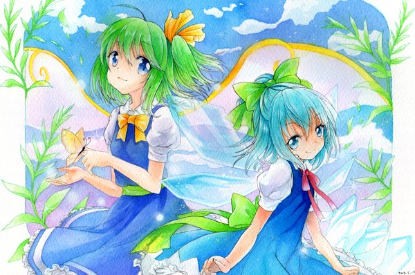 Anime picture 1500x996 with touhou cirno daiyousei mosho short hair blue eyes smile multiple girls signed blue hair sky cloud (clouds) ahoge ponytail green hair one side up half updo traditional media watercolor (medium) butterfly on hand