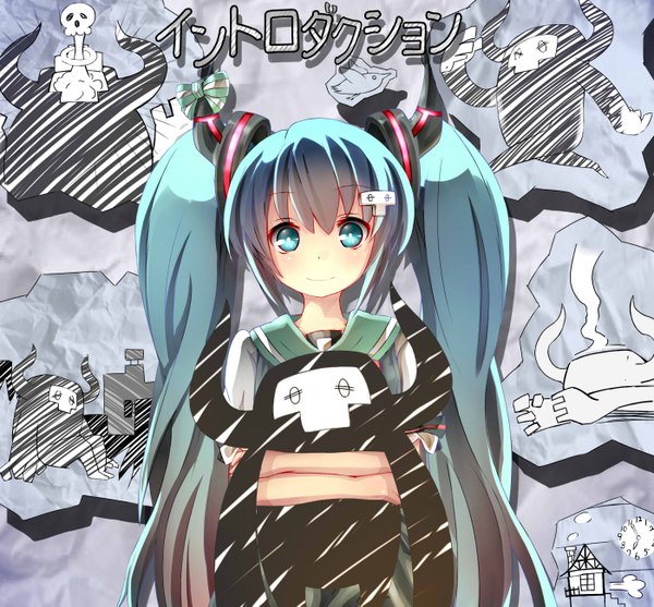 Anime picture 1400x1301 with vocaloid hatsune miku unomi single looking at viewer twintails very long hair aqua eyes aqua hair hug girl hair ornament