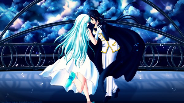 Anime picture 2560x1440 with original darkheartknight long hair highres blue eyes black hair wide image multiple girls blue hair cloud (clouds) girl dress gloves 2 girls suit