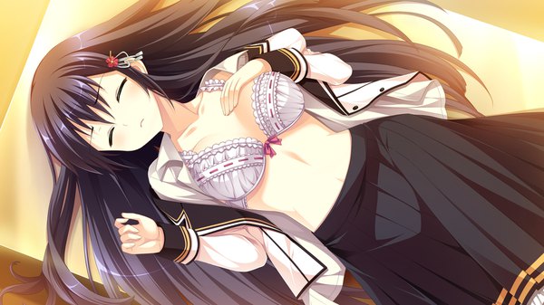 イラスト 1920x1080 と mote sugite shuraba na ore (game) kuonji aoi 結城リカ ソロ 長髪 赤面 前髪 highres おっぱい 開いた口 light erotic 黒髪 wide image 茶目 game cg purple hair lying eyes closed pleated skirt hair flower