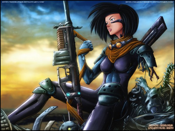 Anime picture 1600x1200 with battle angel alita gally diabolumberto single short hair black hair sky cloud (clouds) lips sunlight realistic grey eyes coloring girl gun sun goggles assault rifle android