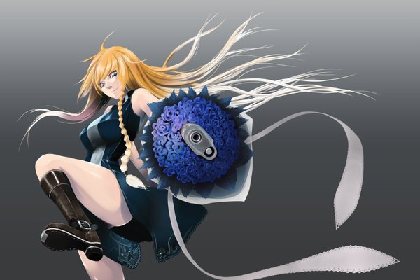 Anime picture 1500x1000 with original long hair simple background blonde hair green eyes very long hair grey background girl flower (flowers) weapon boots shield