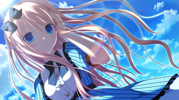 Anime picture 2560x1440 with gensou no idea kujou mitsuki makita maki single long hair looking at viewer highres blue eyes blonde hair wide image game cg sky cloud (clouds) girl dress bow hair bow