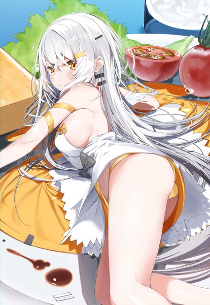 Anime picture 2508x3637 with original kamioka shun'ya single tall image looking at viewer fringe highres breasts light erotic hair between eyes large breasts yellow eyes silver hair bent knee (knees) ass lying very long hair looking back from above bare legs