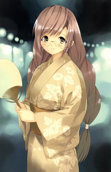 Anime picture 2272x3507 with soshite ashita no sekai yori hinata asahi ueda ryou single long hair tall image looking at viewer blush highres brown hair twintails yellow eyes traditional clothes japanese clothes girl glasses kimono obi fan