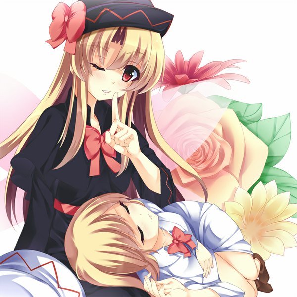 Anime picture 1000x1000 with touhou lily white lily black higashi mikuni long hair looking at viewer blush short hair blonde hair red eyes multiple girls eyes closed one eye closed wink legs sleeping girl dress flower (flowers) 2 girls