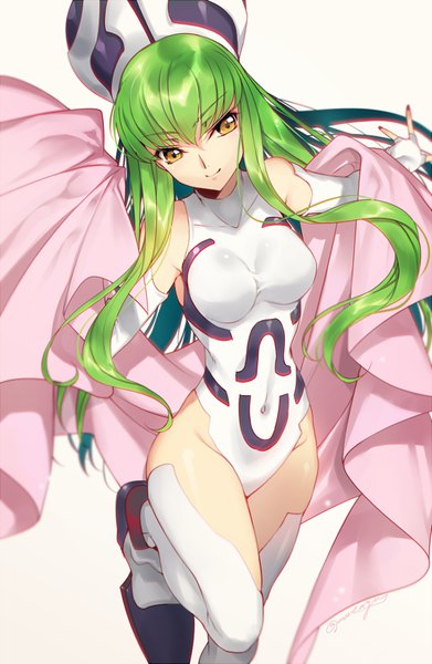 Anime picture 600x919 with code geass houshin engi sunrise (studio) c.c. so dakki creayus single long hair tall image fringe breasts light erotic simple background smile hair between eyes standing white background signed yellow eyes bent knee (knees)