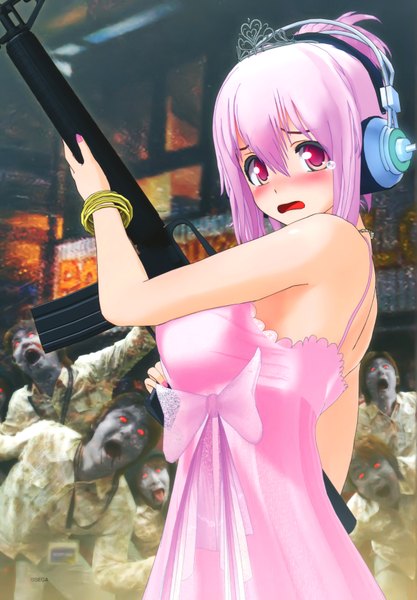 Anime picture 4844x6965 with nitroplus super sonico tsuji santa long hair tall image blush highres open mouth light erotic red eyes pink hair absurdres tears alternate hairstyle cosplay hair up girl dress weapon bracelet