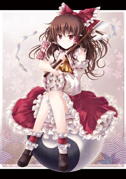 Anime picture 2000x2829 with touhou hakurei reimu tamago gohan single long hair tall image highres red eyes brown hair girl bow hair bow detached sleeves boots